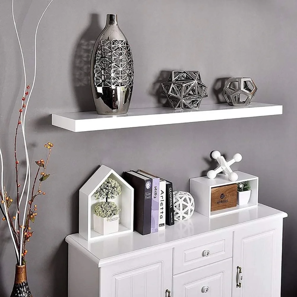 Wall Mounted Wooden Shelf Storage Rectangular Floating Shelves White Set of 3